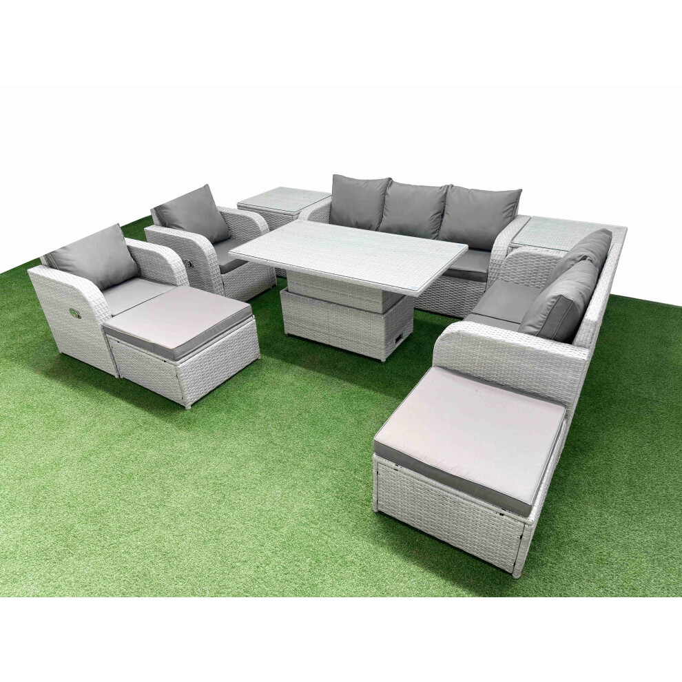 Fimous PE Rattan Garden Furniture Set  Adjustable Lifting Dining or Coffee Table 2 Big Footstool 2 Side Table Light Grey