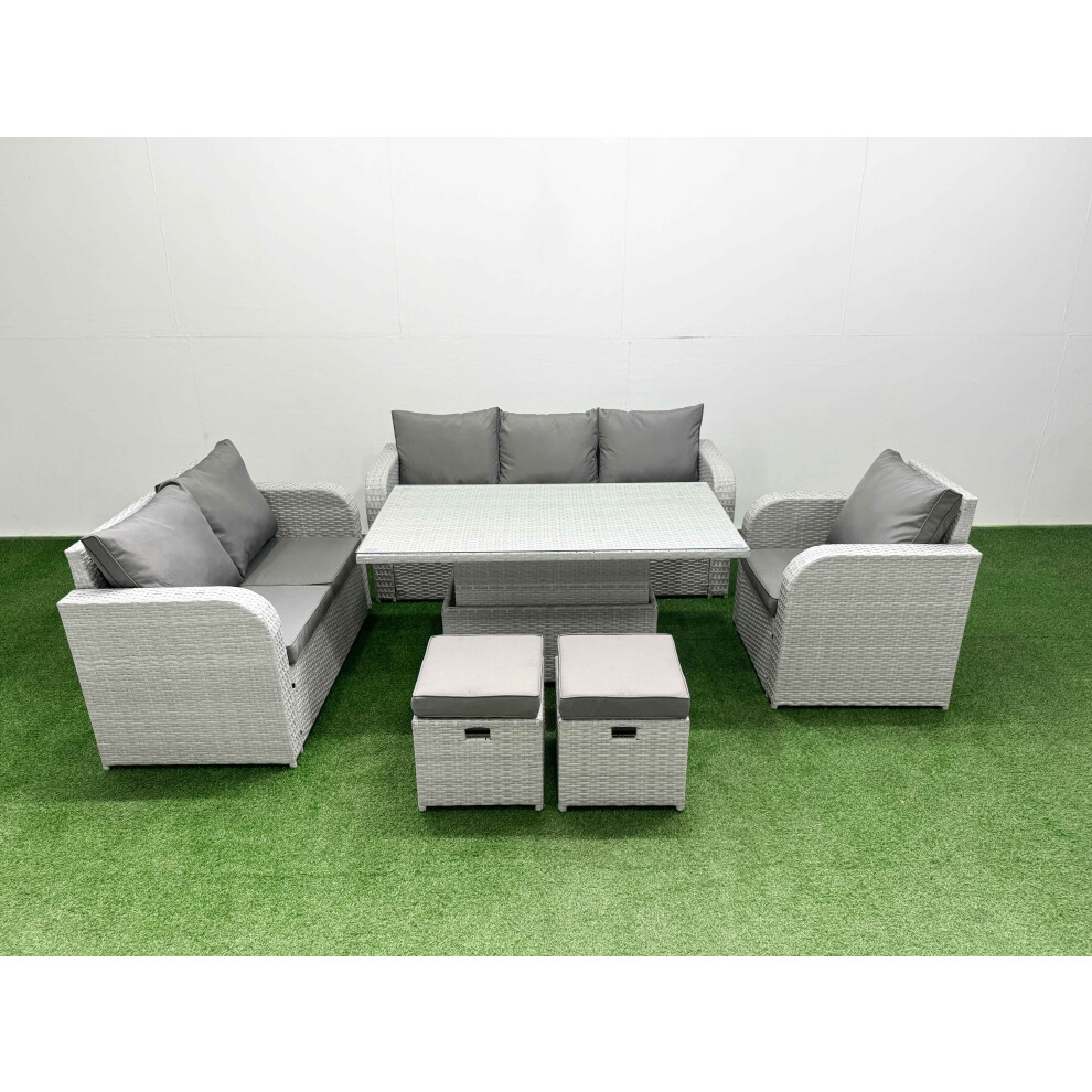 Fimous Patio PE Wicker 8 Seater Outdoor Rattan Furniture Sofa Sets with Adjustable Lifting Dining or Coffee TableStool Light Grey