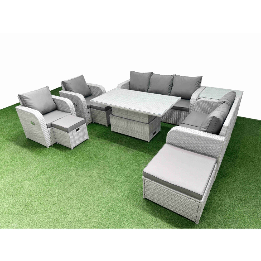 Fimous PE Rattan Garden Furniture Set  Adjustable Lifting Dining or Coffee Table 3 Stools Side Table Light Grey