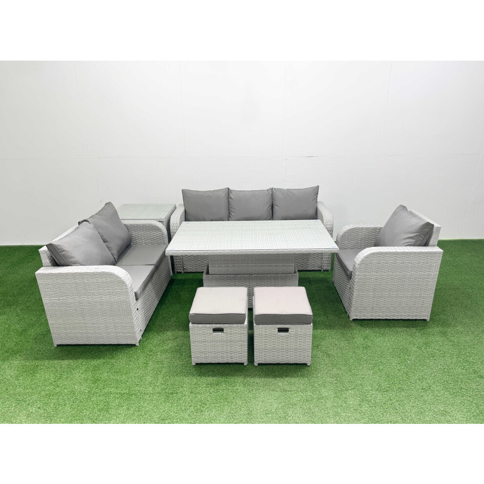 Fimous Patio PE Wicker 8 Seater Outdoor Rattan Furniture Sofa Sets With Adjustable Lifting Dining Or Coffee TableStool Side Table Light Grey