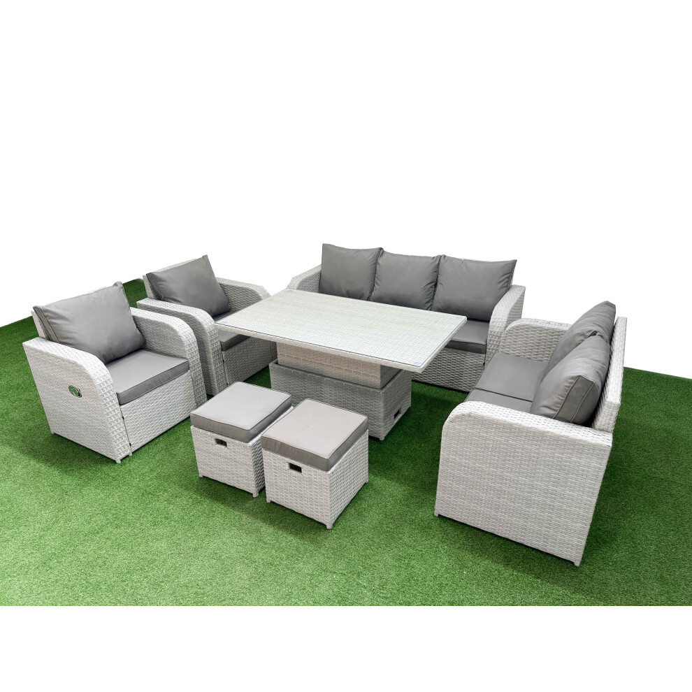 Fimous PE Rattan Garden Furniture Set  Adjustable Lifting Dining or Coffee Table 2 Stools Light Grey