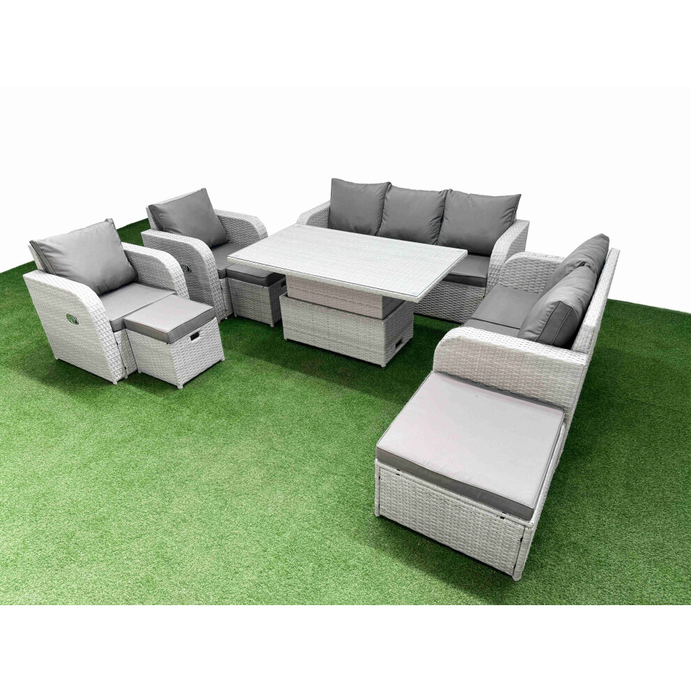 Fimous Pe Rattan Garden Furniture Set Adjustable Lifting Dining Or Coffee Table 3 Stools Light Grey