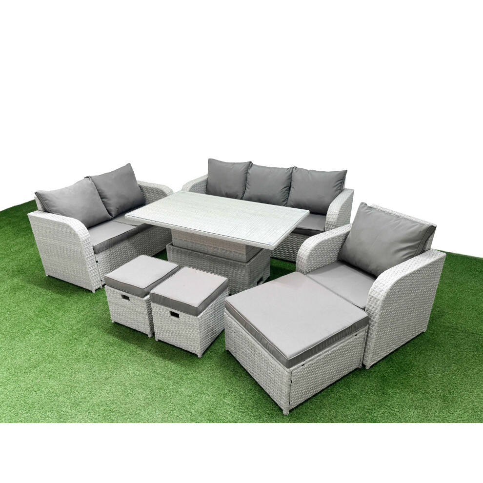 Fimous Patio PE Wicker 9 Seater Outdoor Rattan Furniture Sofa Sets with Adjustable Lifting Dining or Coffee TableStool Light Grey