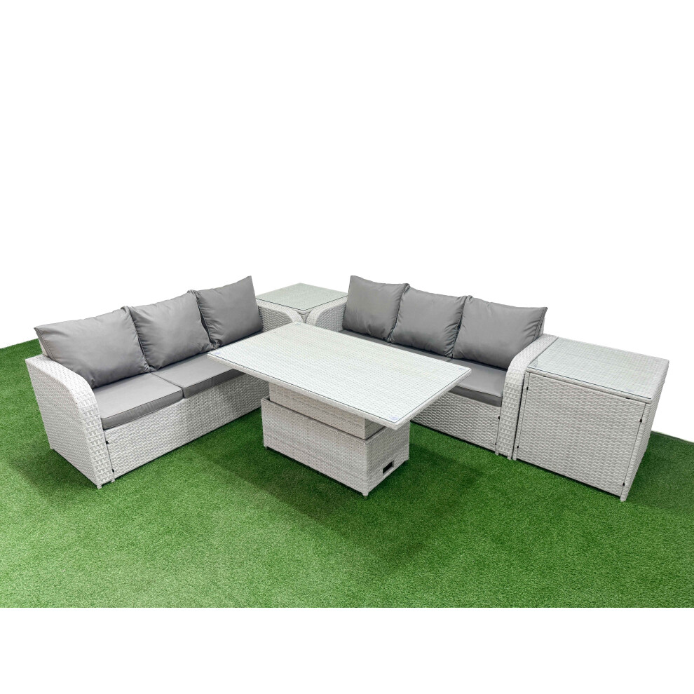 Fimous Outdoor Garden Furniture Sets 6 Seater Wicker Rattan Furniture Sofa Sets with  2 Side Table Light Grey