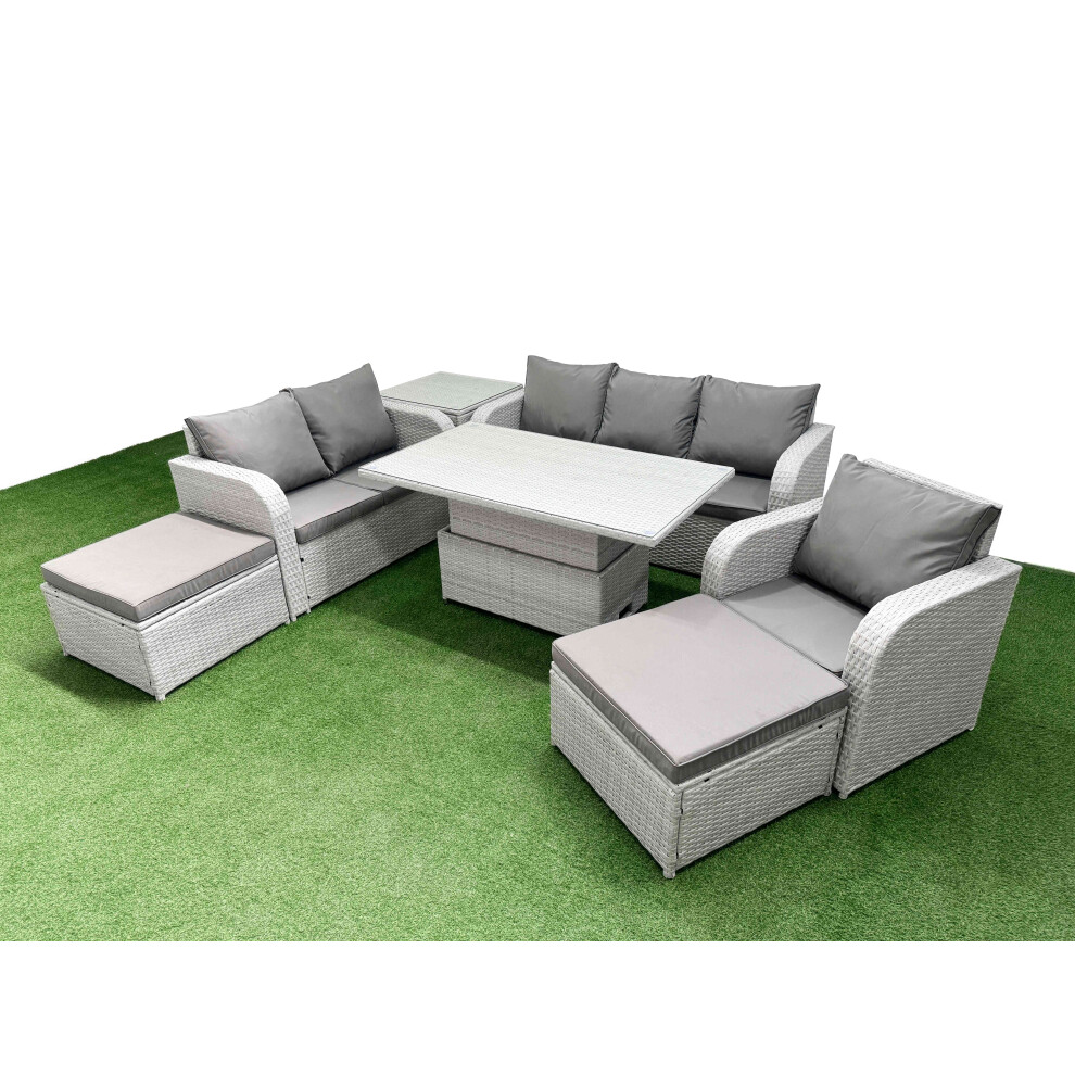 Fimous Patio PE Wicker 8 Seater Outdoor Rattan Furniture Sofa Sets with Adjustable Lifting Dining or Coffee Table2 Big Footstools Side Table