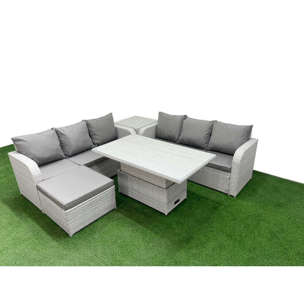 Fimous Outdoor Garden Furniture Sets 7 Seater Wicker Rattan Furniture Sofa Sets with  Big Footstool Side Table Light Grey