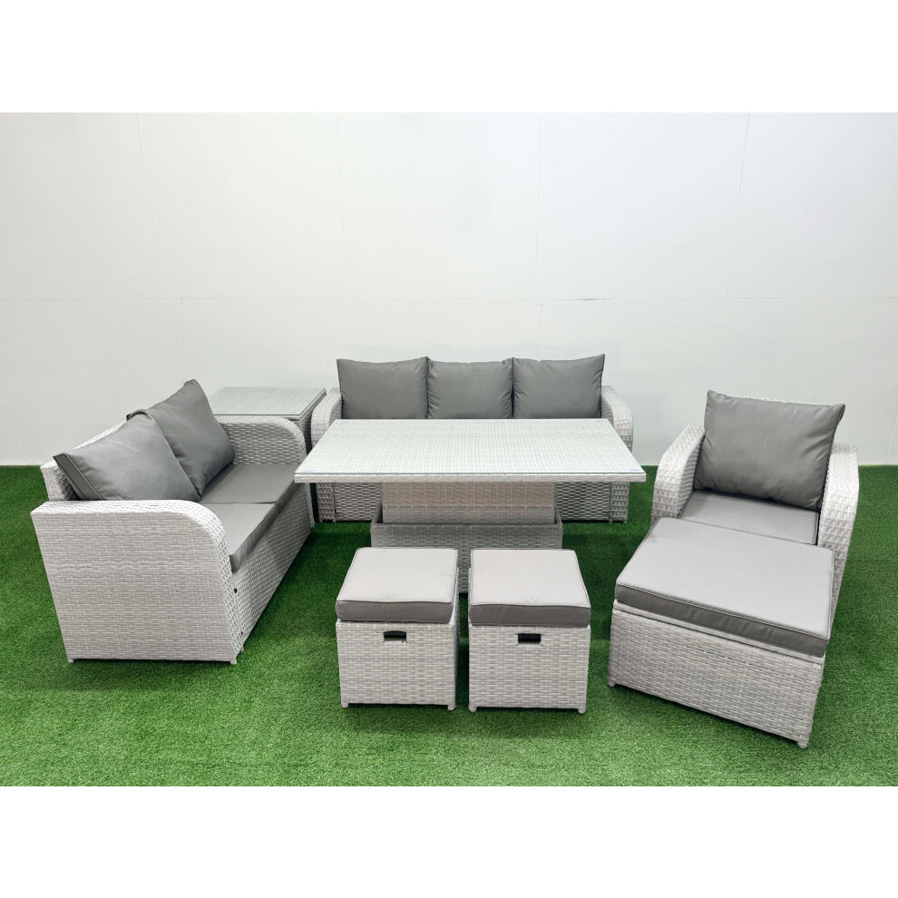 Fimous Patio PE Wicker 9 Seater Outdoor Rattan Furniture Sofa Sets with Adjustable Lifting Dining or Coffee TableStool Side Table Light Grey