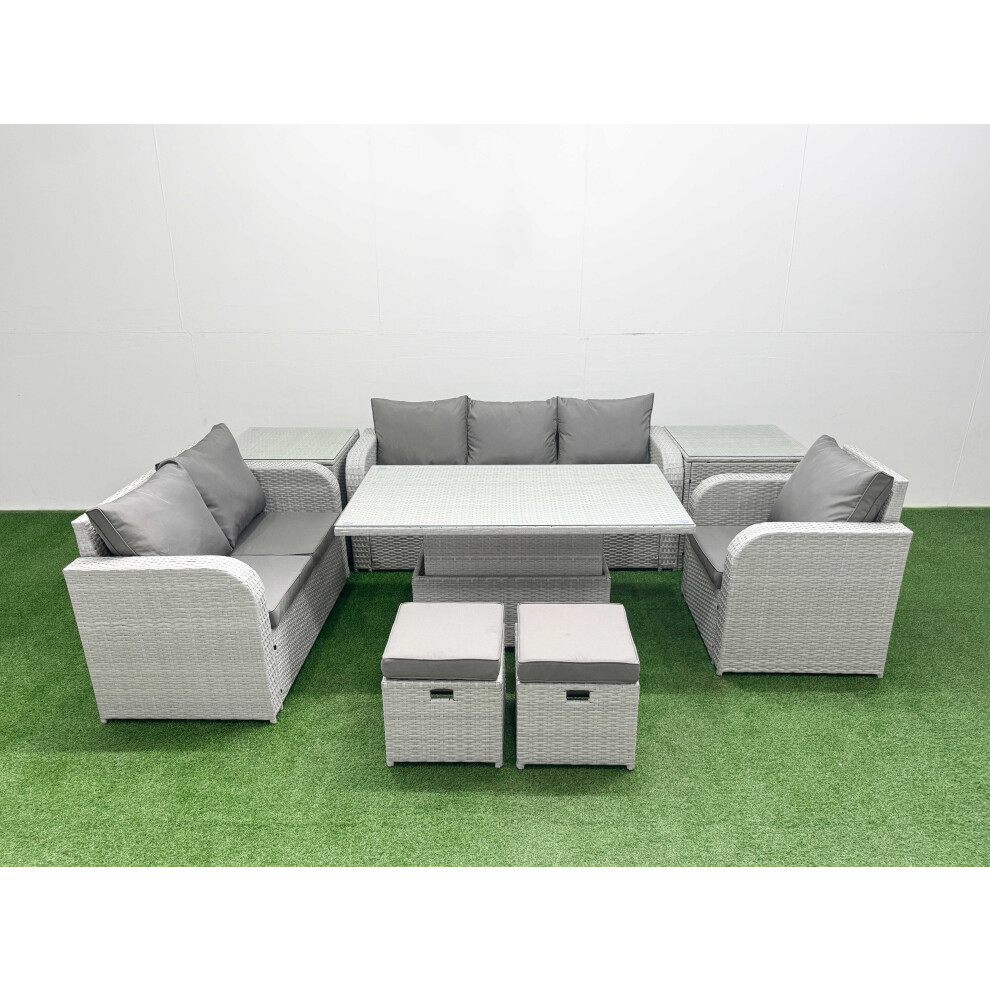 Fimous Patio PE Wicker 8 Seater Outdoor Rattan Furniture Sofa Sets with Adjustable Lifting Dining or Coffee TableStool 2 Side Table Light Grey