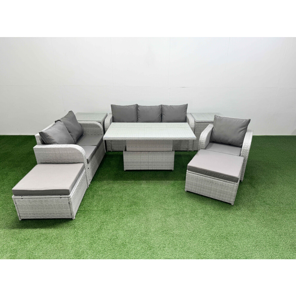 Fimous Patio PE Wicker 8 Seater Outdoor Rattan Furniture Sofa Sets with Adjustable Lifting Dining or Coffee Table2 Big Footstools 2 Side Table