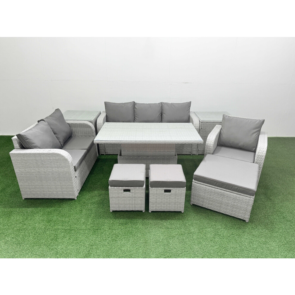 Fimous Patio PE Wicker 9 Seater Outdoor Rattan Furniture Sofa Sets with Adjustable Lifting Dining or Coffee TableStool 2 Side Table Light Grey