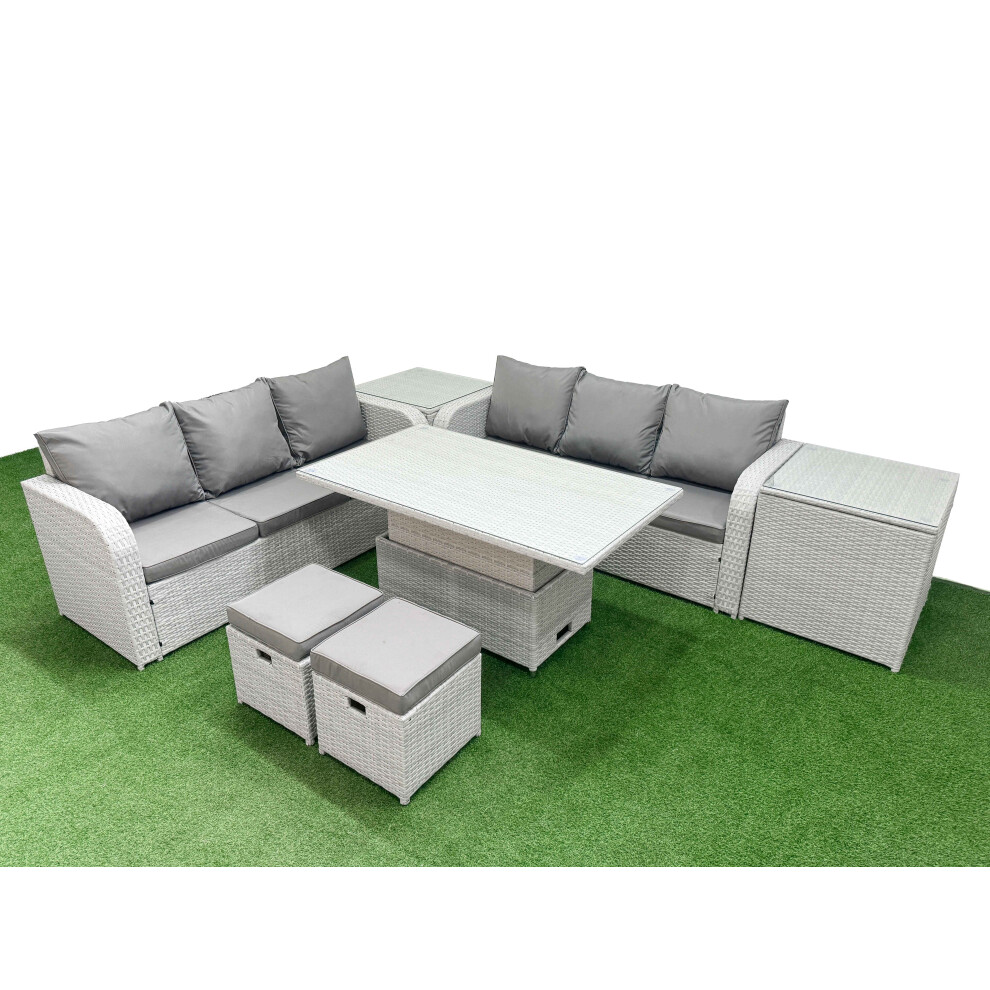 Fimous Outdoor Garden Furniture Sets 8 Seater Wicker Rattan Furniture Sofa Sets with  Stools 2 Side Table Light Grey