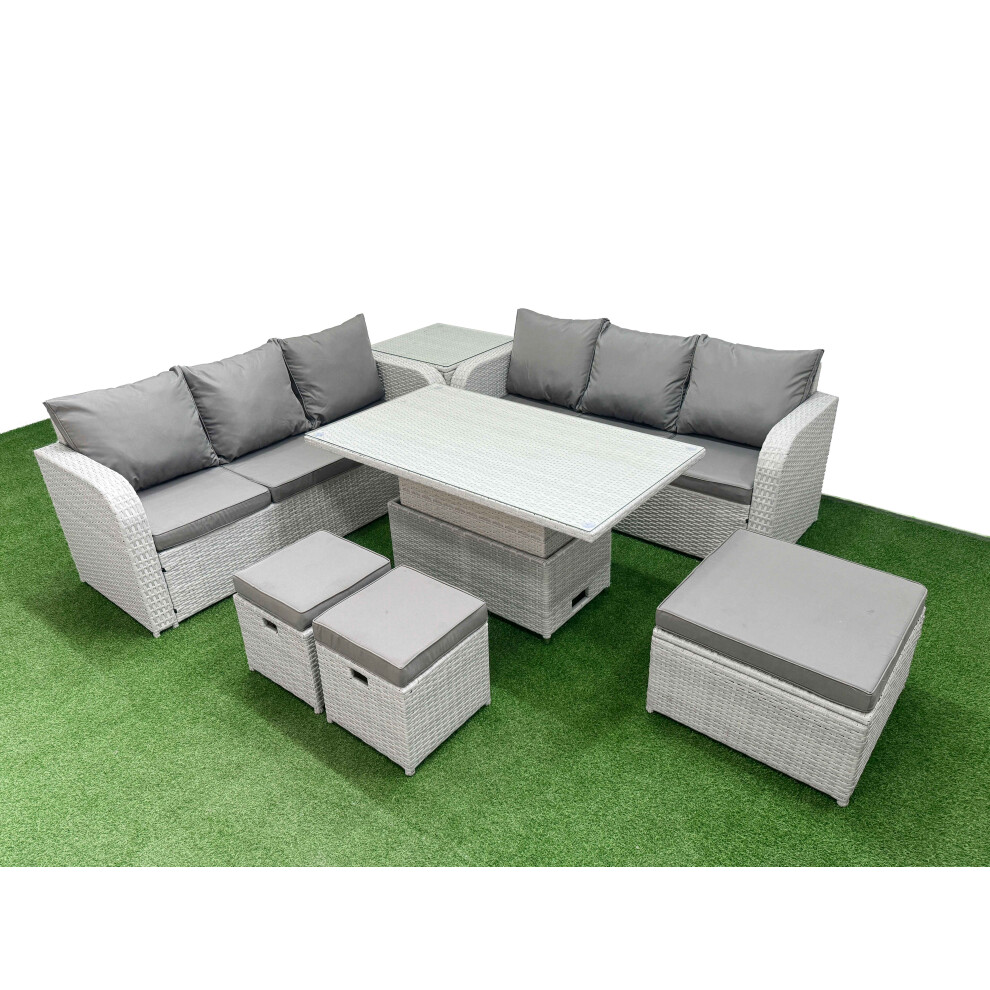 Fimous Outdoor Garden Furniture Sets 9 Seater Wicker Rattan Furniture Sofa Sets with  3 Stools Side Table Light Grey