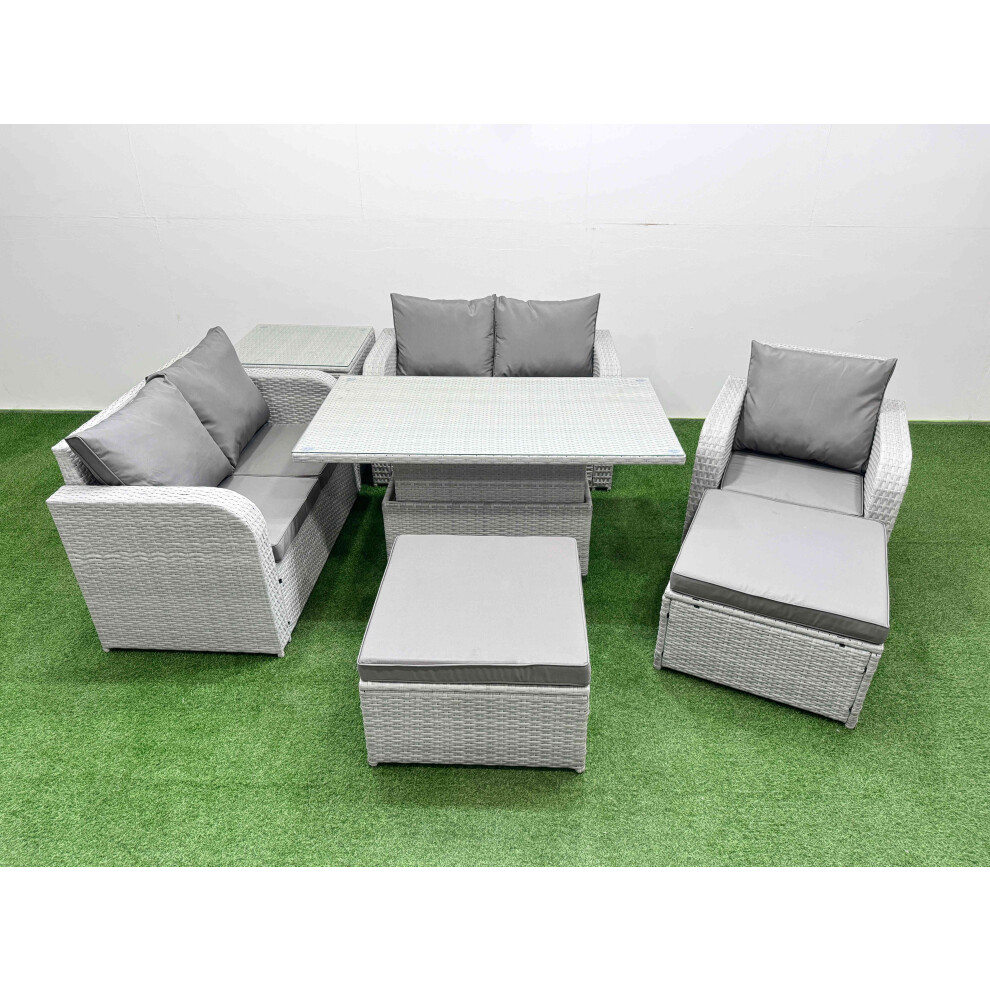 Fimous High Back Poly Rattan Garden Furniture Set With Adjustable Lifting Dining Or Coffee Table Indoor Outdoor Patio Set 2 Big Stool Side Table