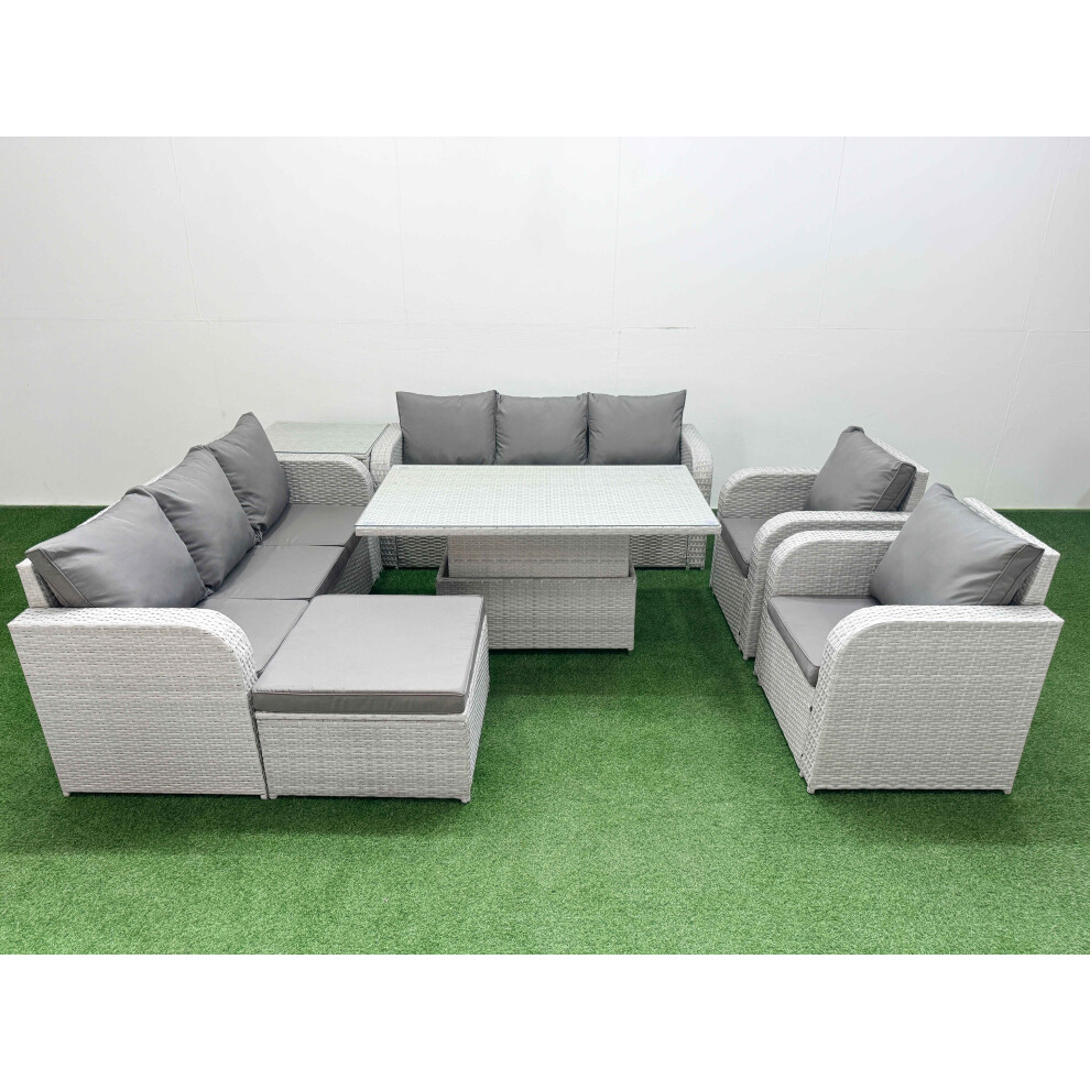 Fimous PE Rattan High Back Lounge Sofa Set with 3 Seater Sofa Reclining Chair Big Footstool Side Table Light Grey