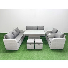Fimous PE Rattan High Back Lounge Sofa Set with 3 Seater Sofa Reclining Chair Stools Light Grey