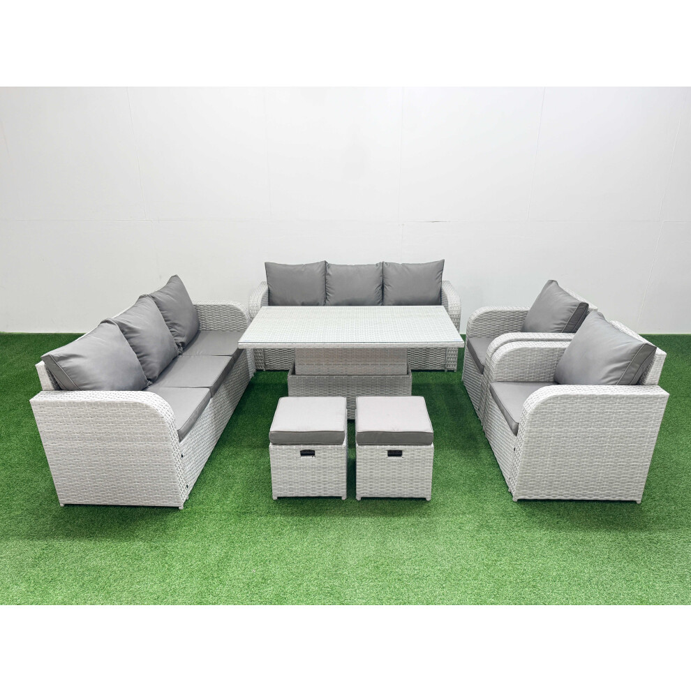 Fimous Pe Rattan High Back Lounge Sofa Set With 3 Seater Sofa Reclining Chair Stools Light Grey