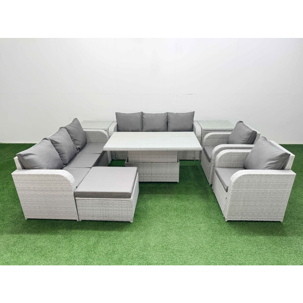 Fimous PE Rattan High Back Lounge Sofa Set with 3 Seater Sofa Reclining Chair Big Footstool 2 Side Table Light Grey