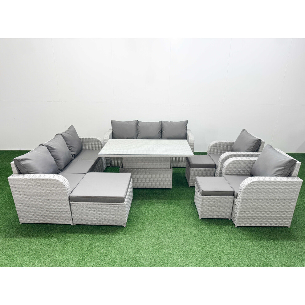 Fimous Pe Rattan High Back Lounge Sofa Set With 3 Seater Sofa Reclining Chair 3 Stools Light Grey