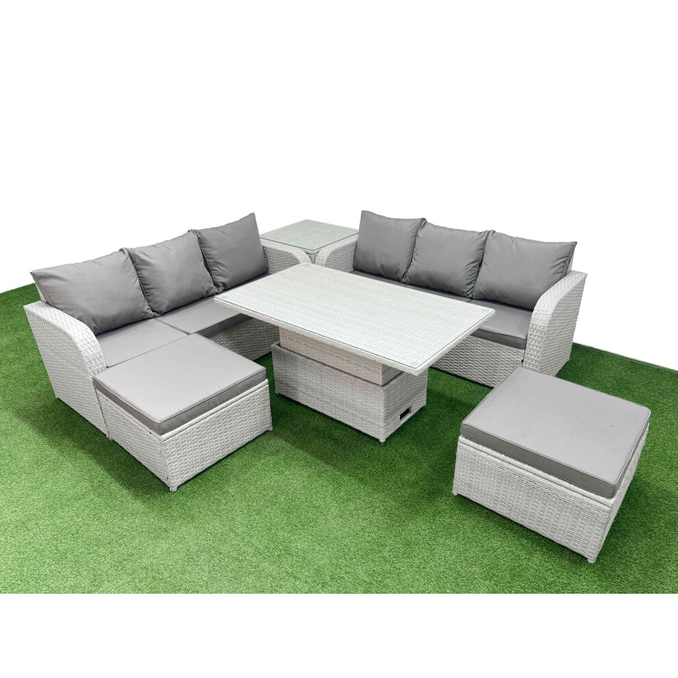 Fimous Outdoor Garden Furniture Sets 8 Seater Wicker Rattan Furniture Sofa Sets with  2 Big Footstool Side Table Light Grey