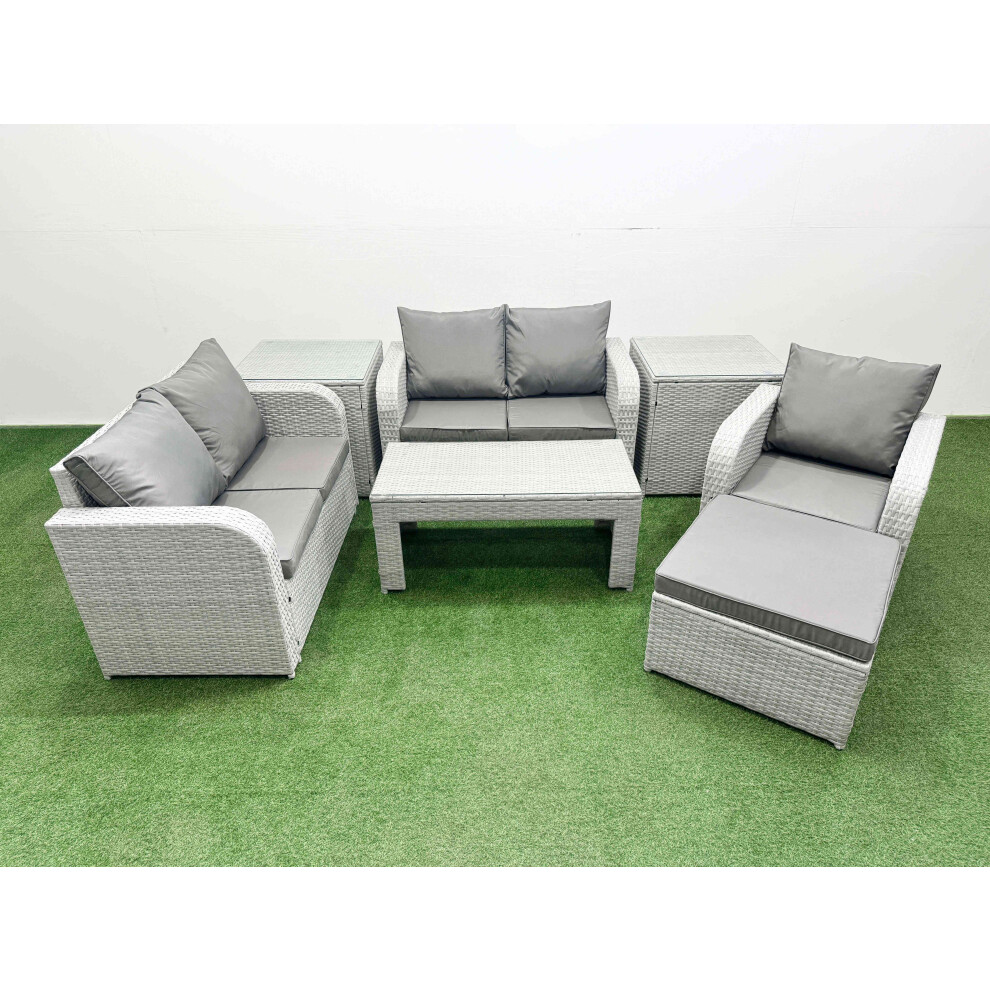 Fimous High Back Poly Rattan Garden Furniture Set with Reclining Chair Loveseat Sofa Indoor Outdoor Patio  Set Big Stool 2 Side Table