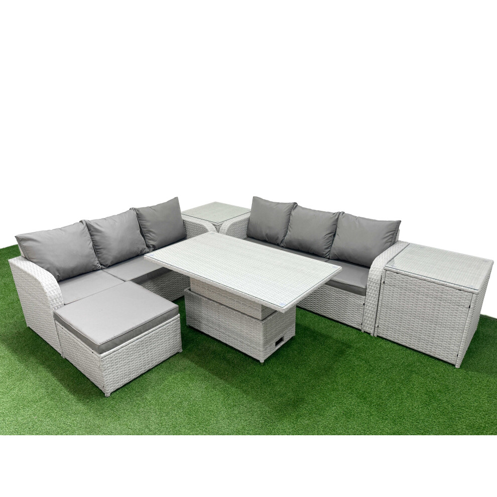 Fimous Outdoor Garden Furniture Sets 7 Seater Wicker Rattan Furniture Sofa Sets with  Big Footstool 2 Side Table Light Grey