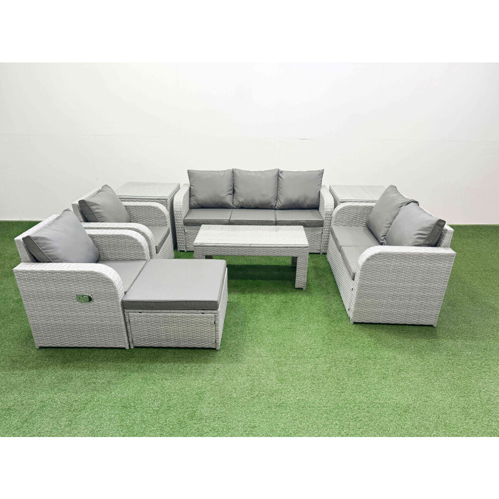 Fimous PE Rattan Garden Furniture Set Adjustable Chair Sofa Double Love Seat 2 Seater Sofa Lounge Set Big Footstool 2 Side Table Light Grey