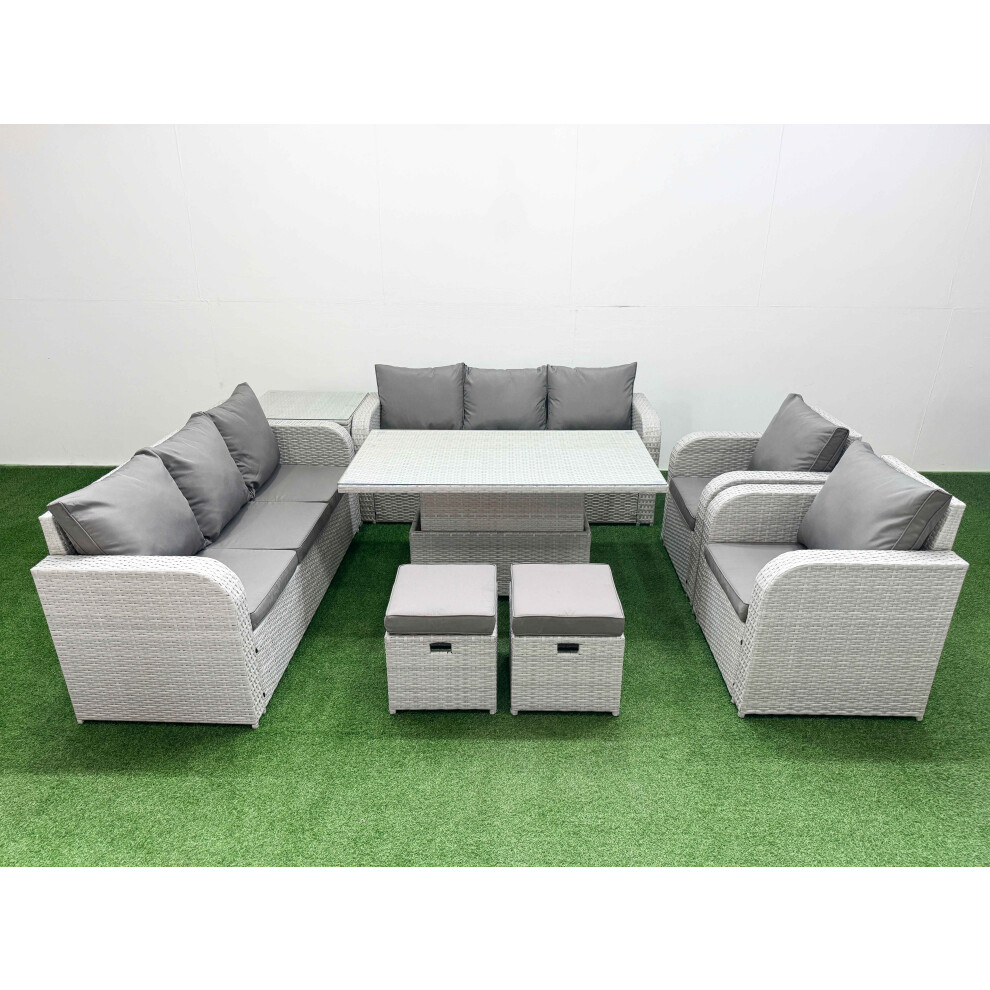 Fimous PE Rattan High Back Lounge Sofa Set with 3 Seater Sofa Reclining Chair Stools Side Table Light Grey