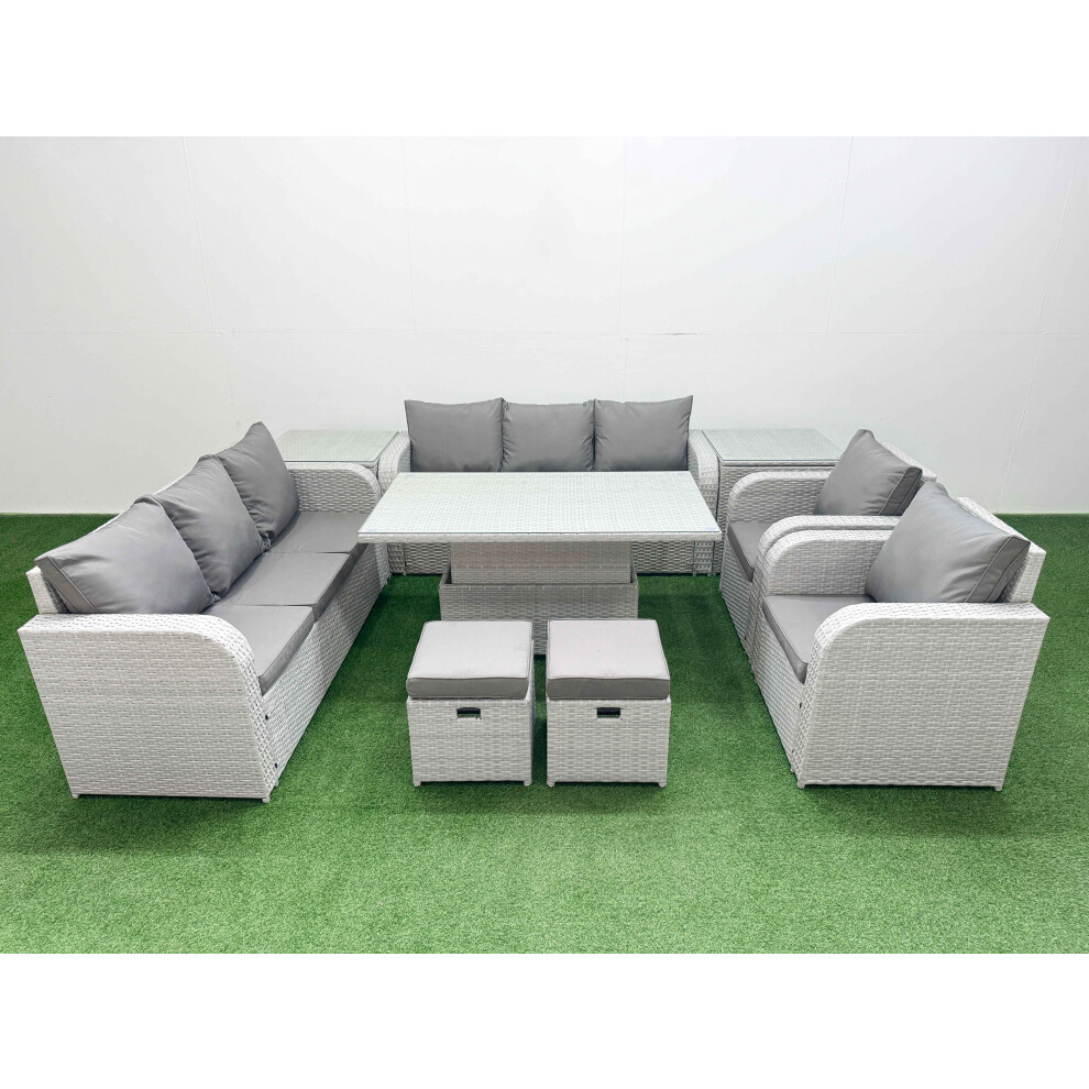 Fimous PE Rattan High Back Lounge Sofa Set with 3 Seater Sofa Reclining Chair Stools 2 Side Table Light Grey