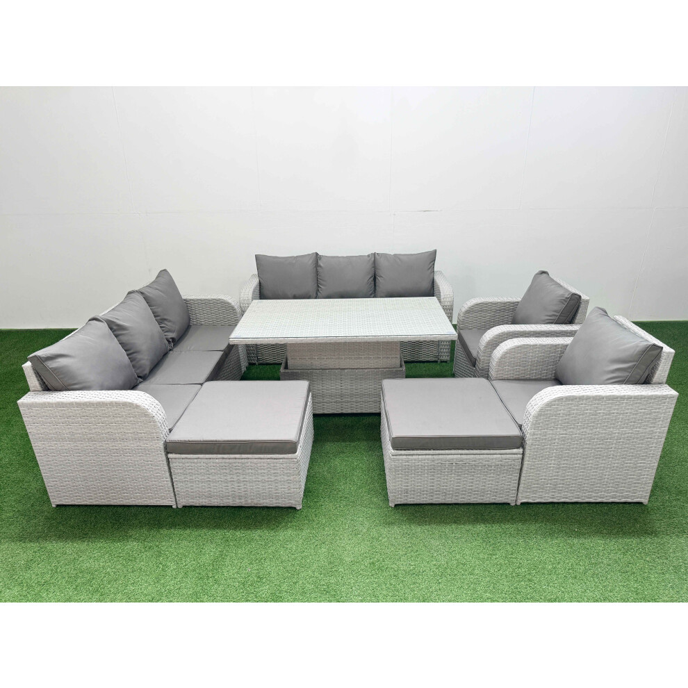 Fimous PE Rattan High Back Lounge Sofa Set with 3 Seater Sofa Reclining Chair 2 Big Footstool Light Grey