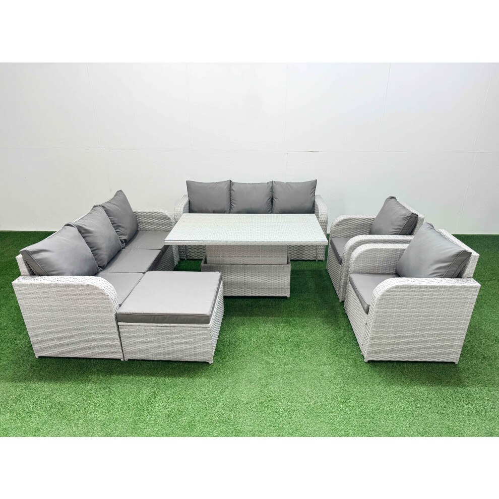 Fimous Pe Rattan High Back Lounge Sofa Set With 3 Seater Sofa Reclining Chair Big Footstool Light Grey