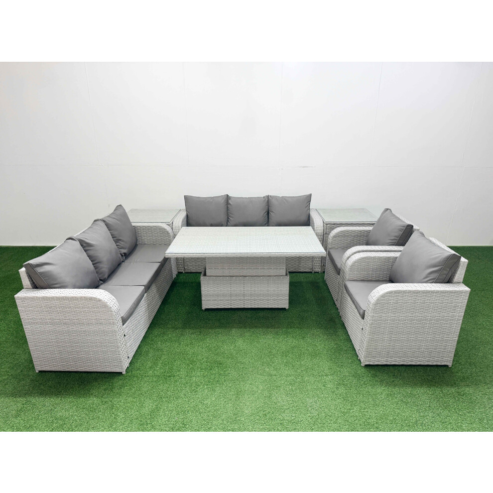 Fimous PE Rattan High Back Lounge Sofa Set with 3 Seater Sofa Reclining Chair 2 Side Table Light Grey