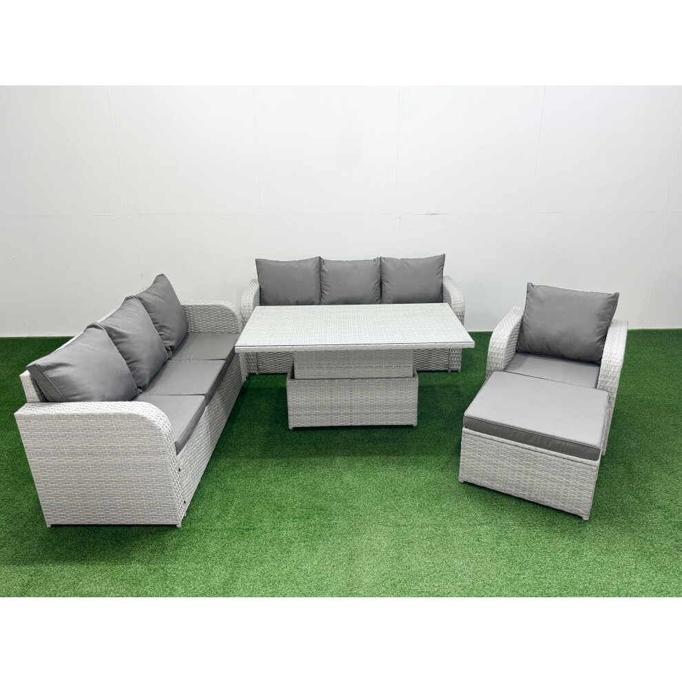 Fimous 8 Seater Poly Rattan Outdoor Garden Furniture Adjustable Lifting Dining or Coffee Table Sofa Set Big Footstool Light Grey