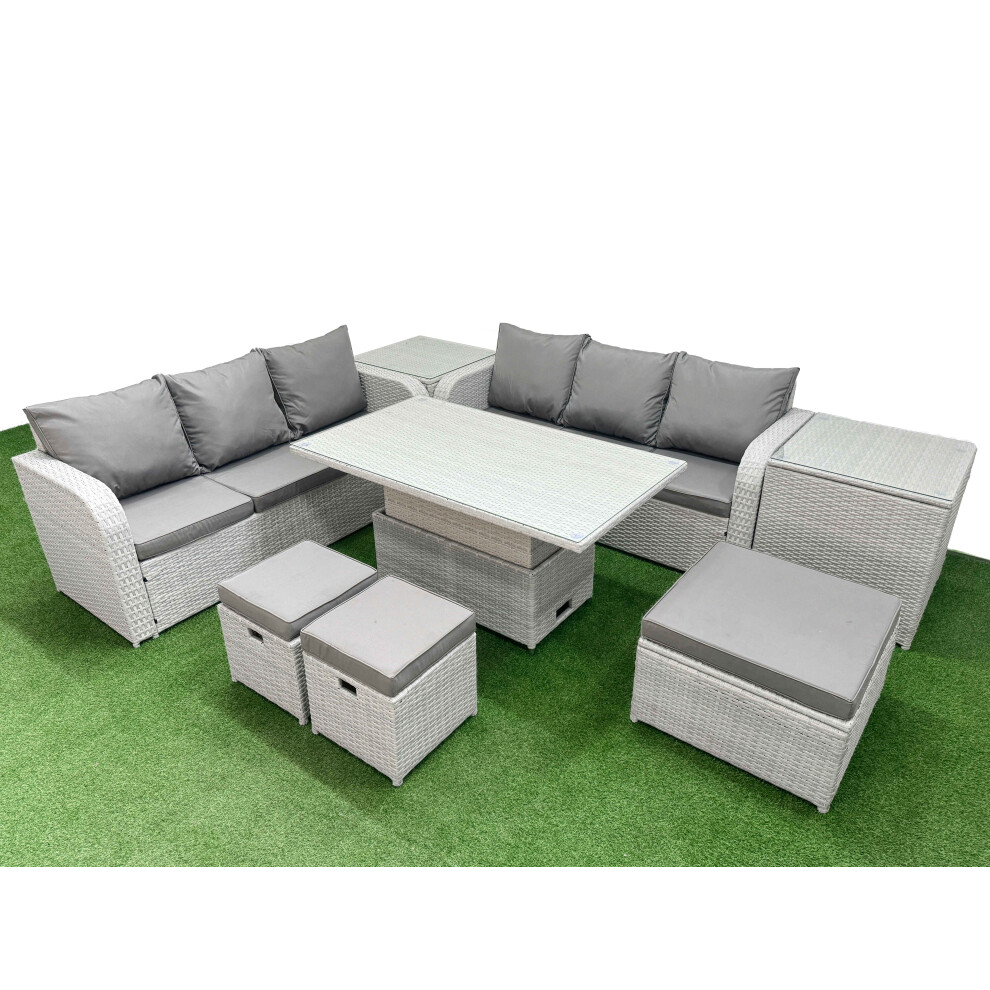 Fimous Outdoor Garden Furniture Sets 9 Seater Wicker Rattan Furniture Sofa Sets with  3 Stools 2 Side Table Light Grey