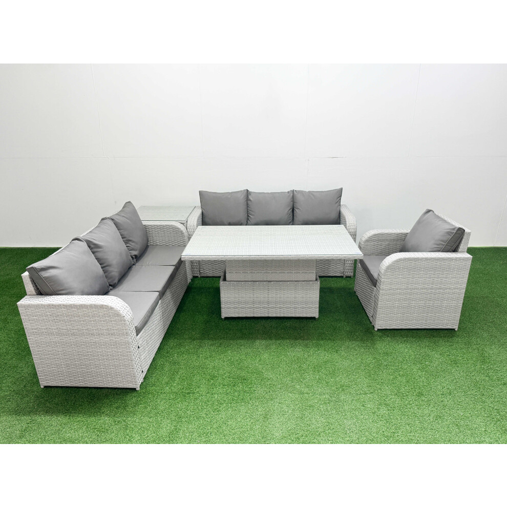 Fimous 7 Seater Poly Rattan Outdoor Garden Furniture Adjustable Lifting Dining Or Coffee Table Sofa Set Side Table Light Grey