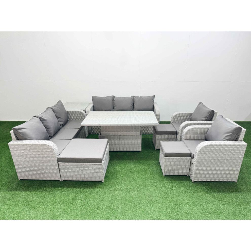 Fimous Pe Rattan High Back Lounge Sofa Set With 3 Seater Sofa Reclining Chair 3 Stools Side Table Light Grey