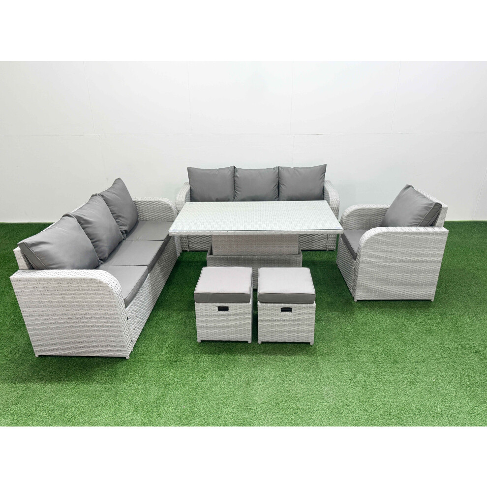 Fimous 9 Seater Poly Rattan Outdoor Garden Furniture Adjustable Lifting Dining or Coffee Table Sofa Set Stools Light Grey