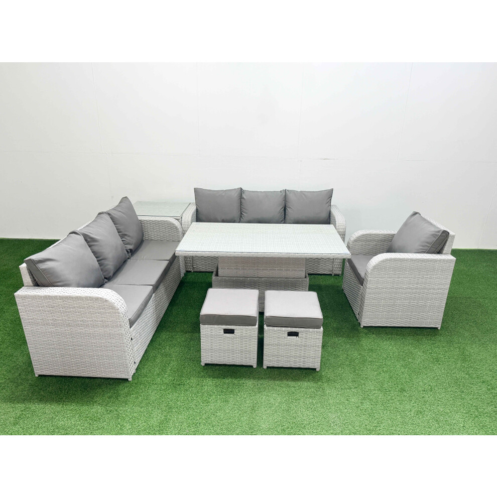 Fimous 9 Seater Poly Rattan Outdoor Garden Furniture Adjustable Lifting Dining or Coffee Table Sofa Set Stools Side Table Light Grey