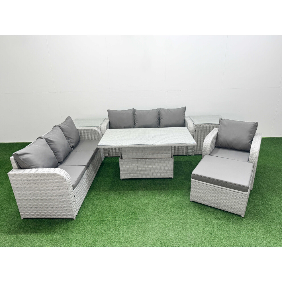 Fimous 8 Seater Poly Rattan Outdoor Garden Furniture Adjustable Lifting Dining or Coffee Table Sofa Set Big Footstool 2 Side Table Light Grey