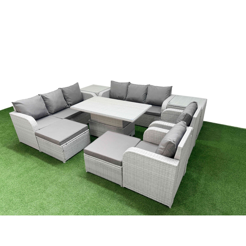 Fimous PE Rattan High Back Lounge Sofa Set with 3 Seater Sofa Reclining Chair 2 Big Footstool 2 Side Table Light Grey