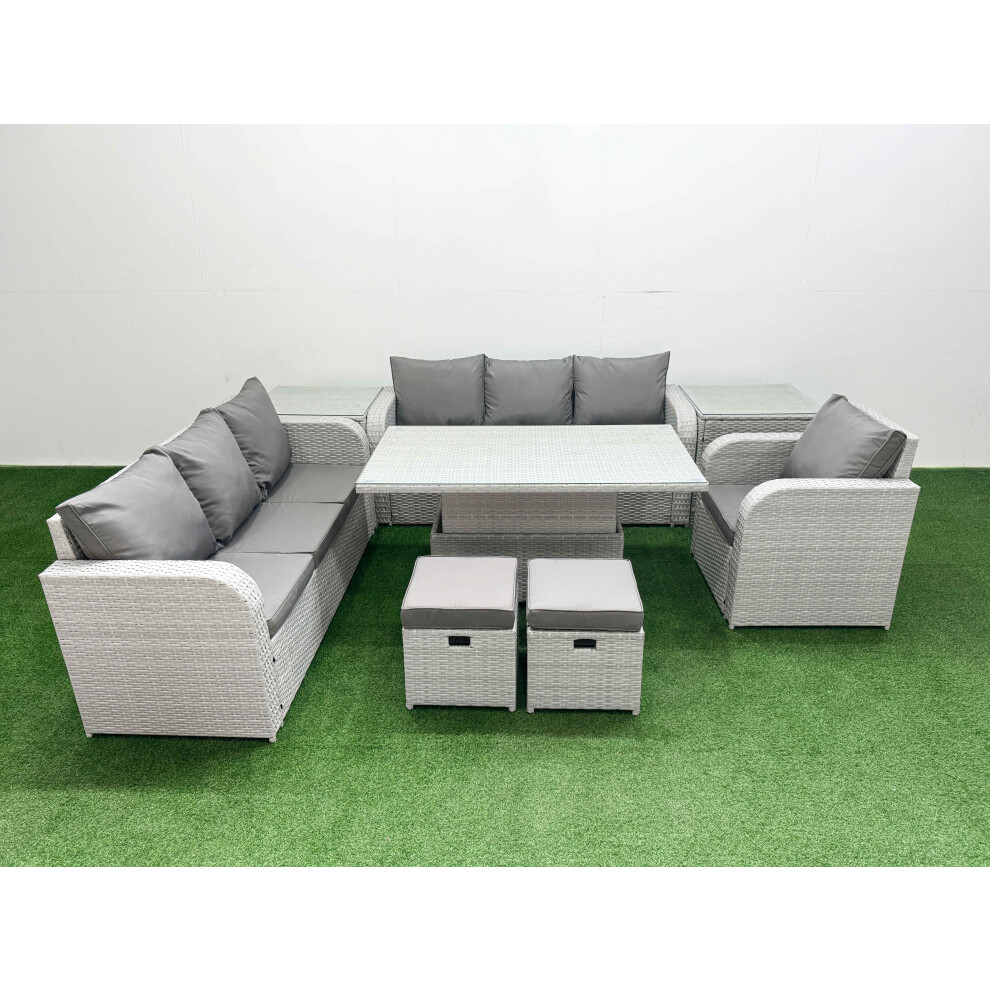 Fimous 9 Seater Poly Rattan Outdoor Garden Furniture Adjustable Lifting Dining or Coffee Table Sofa Set Stools 2 Side Table Light Grey