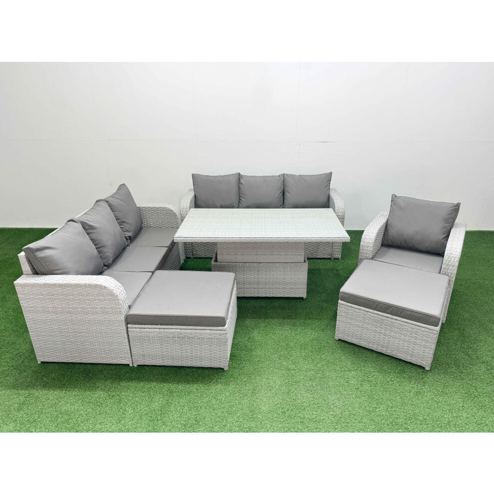 Fimous 9 Seater Poly Rattan Outdoor Garden Furniture Adjustable Lifting Dining or Coffee Table Sofa Set 2 Big Footstools Light Grey