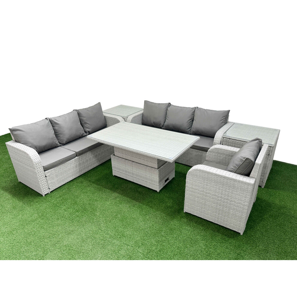 Fimous 7 Seater Poly Rattan Outdoor Garden Furniture Adjustable Lifting Dining or Coffee Table Sofa Set 2 Side Table Light Grey