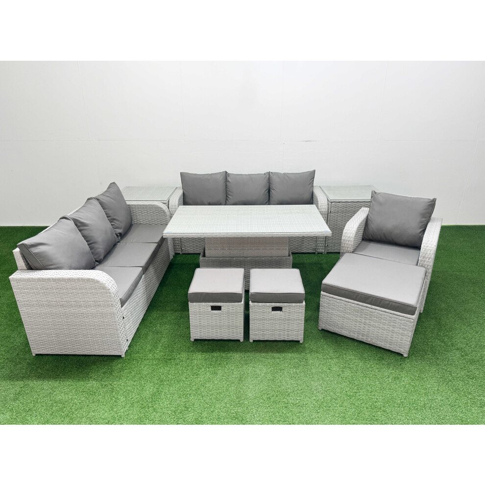 Fimous 10 Seater Poly Rattan Outdoor Garden Furniture Adjustable Lifting Dining or Coffee Table Sofa Set 3 Stools 2 Side Table Light Grey