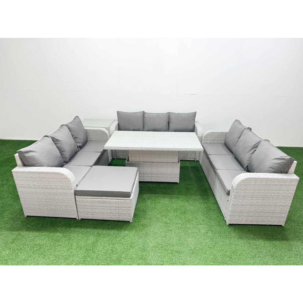 Fimous PE Rattan Lounge Sofa Set 10 Seater Outdoor Garden Furniture Set with 3 Seater Sofa Big Footstool Side Table Light Grey