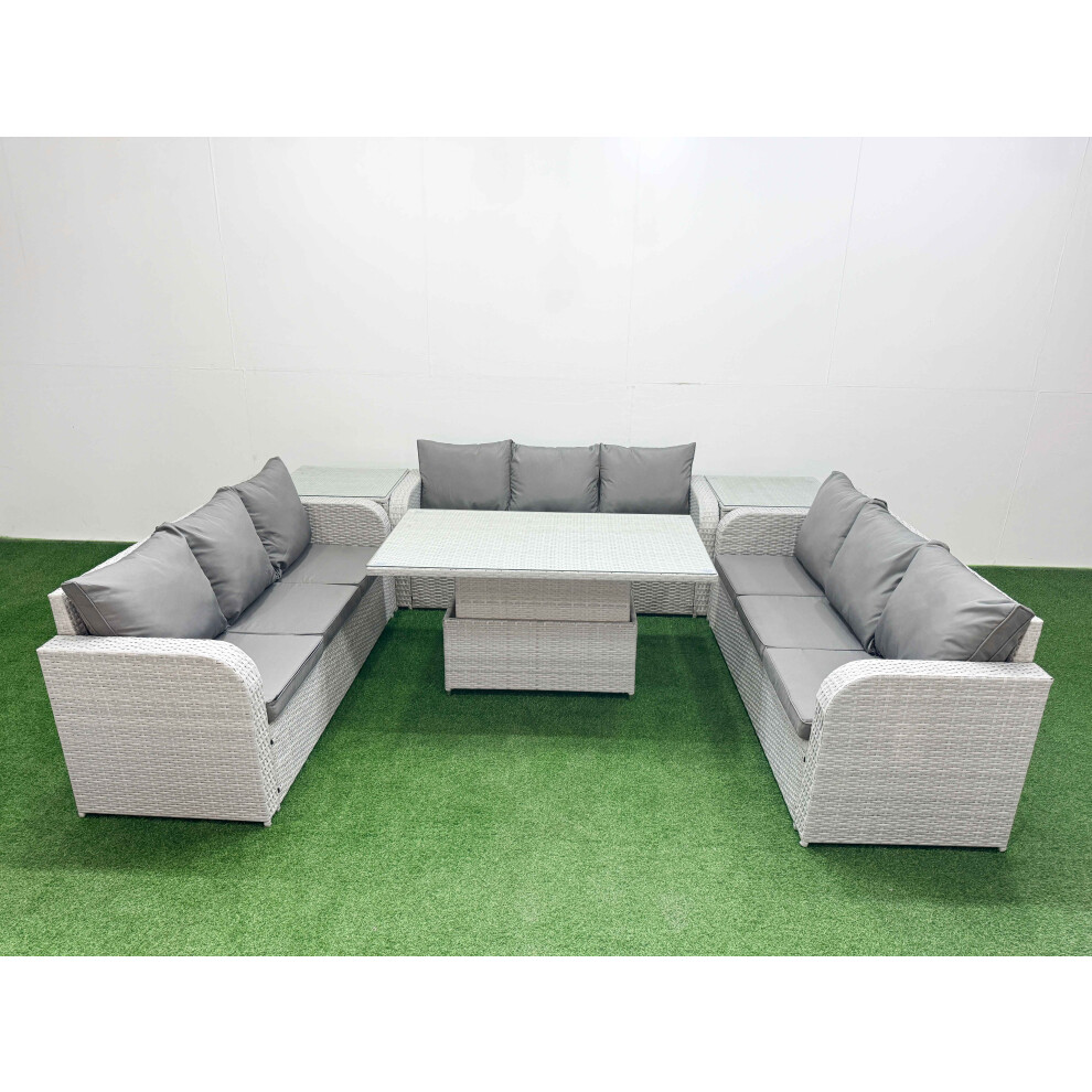 Fimous PE Rattan Lounge Sofa Set 9 Seater Outdoor Garden Furniture Set with Adjustable Lifting Dining or Coffee Table 3 Seater Sofa 2 Side Table