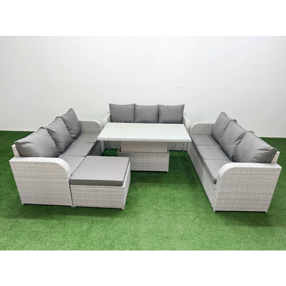 Fimous PE Rattan Lounge Sofa Set 10 Seater Outdoor Garden Furniture Set with Adjustable Lifting Dining or Coffee Table 3 Seater Sofa Big Footstool