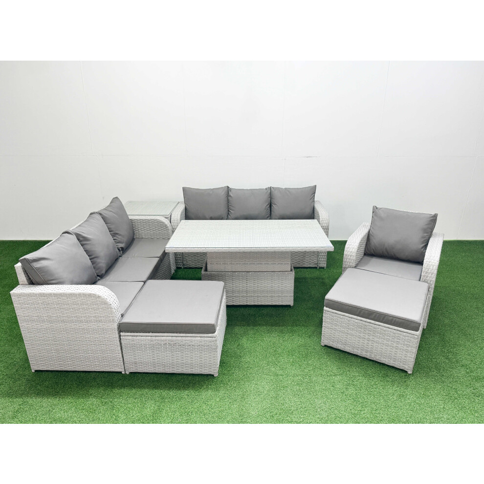 Fimous 9 Seater Poly Rattan Outdoor Garden Furniture Adjustable Lifting Dining or Coffee Table Sofa Set 2 Big Footstools Side Table