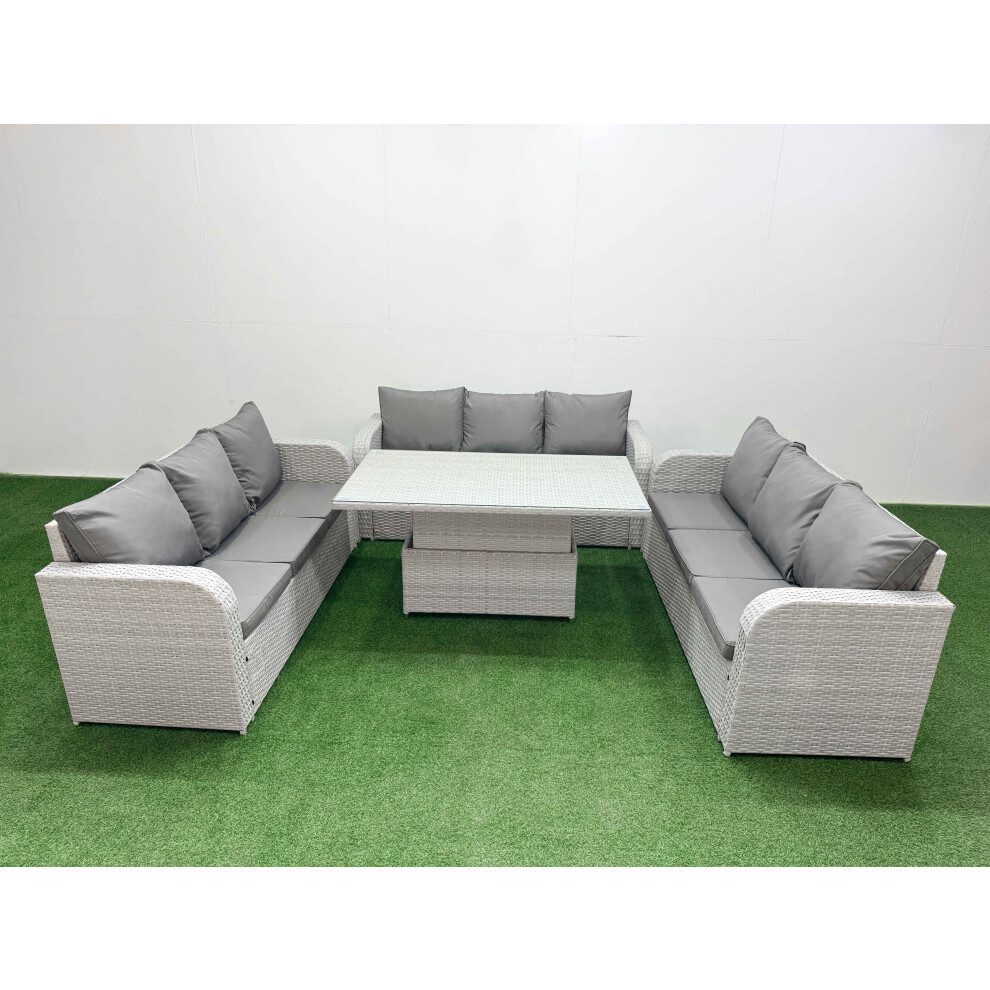 Fimous PE Rattan Lounge Sofa Set 9 Seater Outdoor Garden Furniture Set with Adjustable Lifting Dining or Coffee Table 3 Seater Sofa