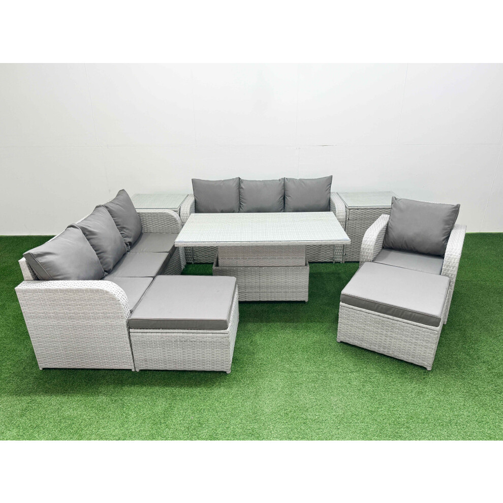 Fimous 9 Seater Poly Rattan Outdoor Garden Furniture Adjustable Lifting Dining or Coffee Table Sofa Set 2 Big Footstools 2 Side Table