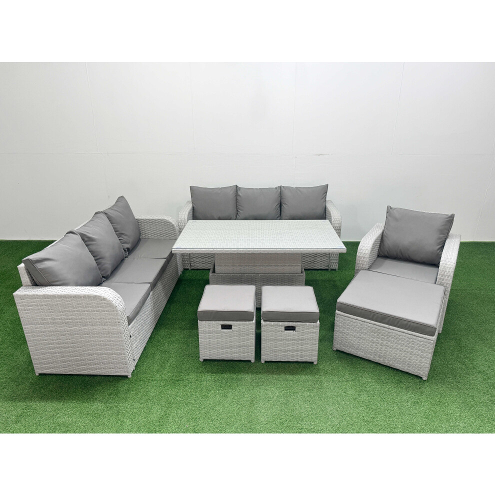 Fimous 10 Seater Poly Rattan Outdoor Garden Furniture Adjustable Lifting Dining or Coffee Table Sofa Set 3 Stools Light Grey